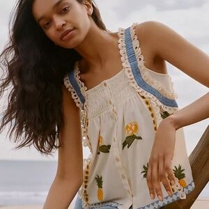Anthropologie Seen Worn Kept Retro Smocked Pineapple Ruffled Tank Women's Small